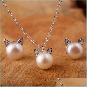 Stud Creative Simple Craft Cute Animal 925 Sterling Sier Jewelry Small Cat Hollow Pierced Pearl Kvinnliga ￶rh￤ngen SE64 463 B3 DROP DELI DHE9H