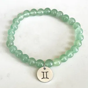 Strand MG1742 Fashion Womens Gemini Zodiac Armband 6 mm Grön Aventurine Chakra Yoga handled mala handgjorda naturliga ädelstensmycken