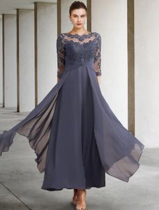 A-Line Mother of the Bride Dress Plus Size Elegant Jewel Neck Ankellängd Chiffon Spets Half Sleeve With Ruched Ruffles Applices 2022 Robe de Soiree