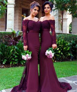 Hot Burgundy Long Sleeves Mermaid Bridesmaid Dresses Lace Appliques Off the Shoulder Maid of Honor Gowns Custom Made Formal Evening Dresses