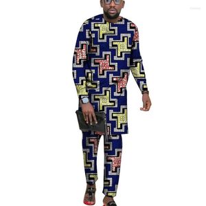 Herrspårssuits Slim Fit Nigerian skjorta Män långärmad toppar Elastiska midjbyxor Manliga byxa uppsättningar afrikanska bröllopsbrudgummar