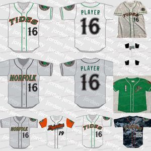 Camisas de beisebol Novo beisebol universitário usa Norfolk Tides Minor League costurou camisa de beisebol de beisebol 100% Bordado branco cinza camisas verdes costuradas