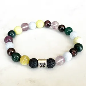 Strand MG1637 Novas mulheres Pisces zod￭aco Bracelete 8 mm Moss AGATE GARNET AQUAMARINE FLURITE PULHO MALA NATURAￇￃO