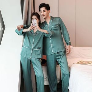 Men's Sleepwear Couple 2PCS Satin Pajamas Set Turn-down Collar Shirt&Pant Nightwear With Pocket Spring Autumn Casual Home Clothes