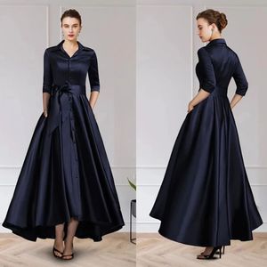Mother of the Bride dresses dark navy blue with 3/4 sleeves V-neck knot belt more size NEW IN