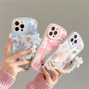 Casos de luxo fofos 3D Flower Phone Chain Soft Phone Case para iPhone 12 14 Pro Max 13 mini 11 xr x xs 7 8 Plus SE 3 Tampa de prote￧￣o ￠ lente