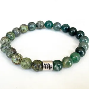 Strand MG1684 Moda Akrep Zodyak Bilezik 8 mm Moss Agate Afrika Turkuaz Enerji Bileği Mala Doğal Taş Takıları