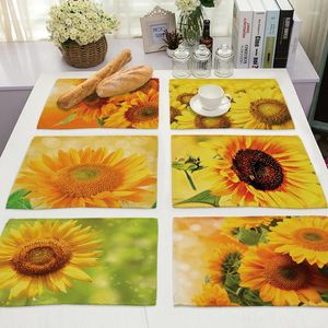 Table Mats 32x42cm Yellow Sunflower Kitchen Placemat Green Leaves Landscape Cotton Linen Dining Mat Plant Pad Home Decor