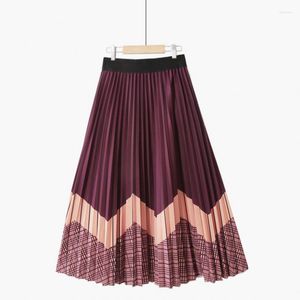 Skirts Female High Waist Skirt Simplicity Striped Plaid Japanese Contrast Panels Print 2022 Spring Women Medium Long Pleated