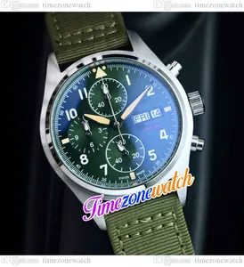 43mm Pilots IW377726 6S00 Cronografo al quarzo Orologio da uomo Quadrante verde con numero bianco Cassa in acciaio Cronometro in pelle di nylon verde Doppio calendario Orologi Timezonewatch