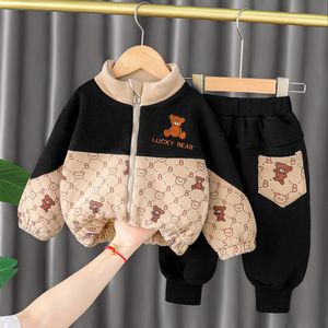 Kinder Kleidung Set Winter Kinder Dicke Fleece Mantel Hosen 2PCS Herbst Baby Jungen Mädchen Plüsch Warme Sweatshirt Anzug