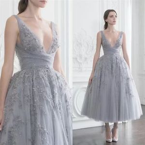 Paolo Sebastian Prom Dresses Lace Appliqued Rhinestones A Line Tea Length Evening Gowns Custom Made V Neck Cocktail Party Dress