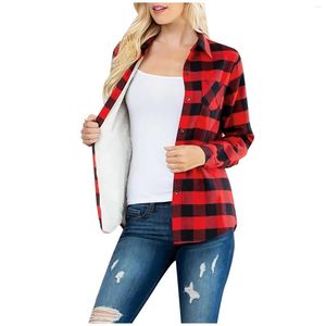 Women's Jackets Long Sleeve Red Plaid Velvet Jacket Button Pocket Shirts Coat For Women's