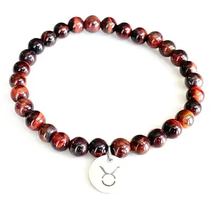 Strand MG1750 Womens Taurus Zodiac Bracelete 6 mm Vermelho AA AA Grade Tiger Eye Chakra Yoga Mala Mala de pedras preciosas artesanais de pedras preciosas