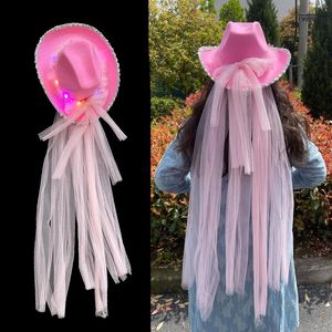 Berretti Cappello da cowboy illuminato con strisce di tulle Tesa larga Novità Articolo Diadema in feltro Taglia unica Cowgirl occidentale per costume da adulto