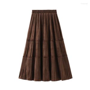 Skirts CNLION Solid Color Female Vintage Long Velvet Pleated Skirt Women Autumn Winter Elegant Fashion Ladies High Waist A Line