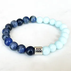 Strand MG1687 Womens Gemini Zodiac Bracciale 8 MM Aquamarine Blue Sodalite Jasper Energy Wrist Mala Gioielli con pietre preziose naturali