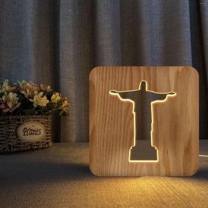 Gece Işıkları 3D LED lamba Işık USB Masa Masa Masa Lambaları Christ Cristo Redentor Heykeli Hediye Ahşap Çapraz Oda Dekorasyonu