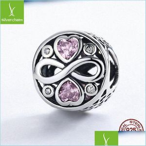 Charms очаровывает аутентичные 925 стерлингов Sier Infinity Love Love Pink Heart Crystal Beads подходит для браслетов очарования