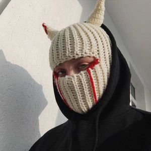 Cycling Caps Masks Halloween Funny Horns Knitted Hat Beanies Warm Full Face Cover Ski Mask Hat Windproof Balaclava Hat for Outdoor Sport L221014
