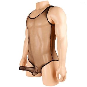 Men's G Strings Mens Sheer Leotard Long Elephant Nose Gym Bodysuit JJ Sleeve Jumpsuit One-piece Wrestling Singlet Underwear Ultra-thin