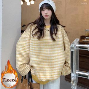 Women's Hoodies Harajuku Sweatshirts Fleece Cotton Plaid Oversized Crewneck Women Sweatshirt Korean Clothes Pastel Yellow Sudadera Mujer