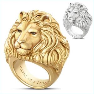 Bands Anneaux marqués Gold Lion Head Men Ring King of Forest Punk Animal Menes Bijoux Fashion and Rock Style Gift Rings Drop Deliv Dhmsg