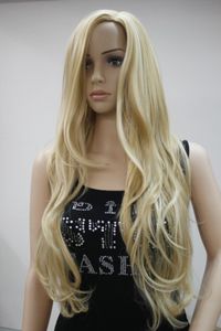 Sexig No Bangs Blond Mix Long Wavy Side Skin Part Top Synthetic Hair Wig Erust