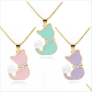 Pendant Necklaces 1Pc Ladies Enamel Cat Drops Oil Zircon Pearl Color Tail Necklace Animal Puppy Dog Cartoon Pets Pussy Pendant Jewelr Dh4Xi