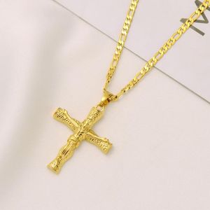 Colares pendentes Jesus crucifix Cross 22k Fino Amarelo Gold acabamento italiano Figaro Link Chain Colar 24 