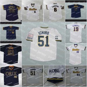 Maglie da baseball personalizzate Uomo 51 Ichiro Suzuki Japan ORIX BLUE WAVE Maglia da baseball 19 Kaneko 6 Tagughi 72 Ohgi Maglie di alta qualità