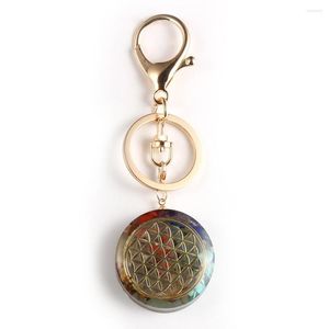 Keychains Healing Yoga Natural Chip Chakra Stone Round Energy Orgonite Keychain Reiki Car Bag Key Chains For Men Women Gold Orgone Keyring