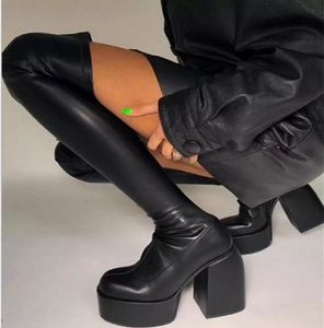 Damen-Stiefel mit dicken Absätzen, Punk-Stil, klobige Plattform, über dem Knie, elastische Stiefel, Herbst-Winter, warme Stiefeletten, sexy High Heels, schwarzer Reißverschluss, Damen-Partyschuhe, Übergröße 35–43