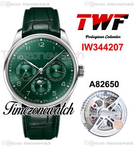 TWF 영구 캘린더 IW344207 A52650 자동 남성 시계 42.4mm 녹색 다이얼 달달 스틸 케이스 녹색 가죽 스트랩 시계 TimezoneWatch