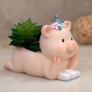 Vasos Cute Animal Peld Pig Mini Pot Pot Resina Sculent Planter Ornament for Cartoon Cactus Air Plant Desk Decoração de escritório em casa