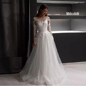 Wedding Dress Princess Sparkling Tulle A Line Dresses Scoop Long Sleeves Lace Appliques Bridal Gown Button Illusion Vestido De Noiva