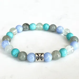 Strand MG1696 Womens Fiskarna Zodiac Armband 8 mm Blue Lace Agate Turquoise Fluorite Energy Wrist Mala Natural Gemstone Jewelry