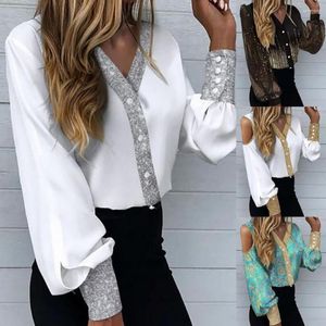 Frauenblusen Leichte stilvolle, feste Farbe Glitzer Edge Mode Hemd Laternenh￼lle Elegante Kn￶pfe Manschetten Damen Kleidung