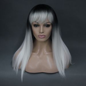 Vogue Ombre Full Wig de Cabelo sintético de preto a ok de aquecimento reto e branco