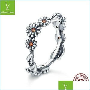 Mit Seitensteinen 100% 925 Sterling Silber Seitensteine Ring Twisted Daisy Flower Weibliche Fingerringe für Frauen Hochzeit Schmuck Anel Scr2 Dhfhk