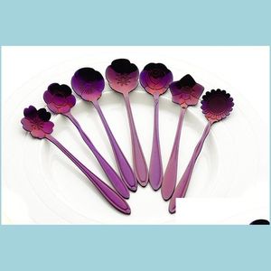 Spoons Purple Petal Scoop Practical Stainless Steel Coffee Spoon Gold Plated Various Type Dessert Kitchen Accessories For Wedding Fav Dh1A9