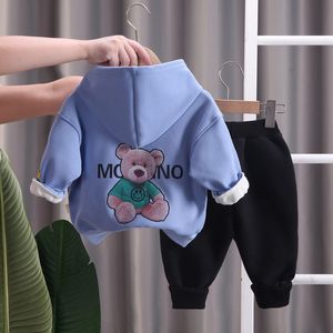 Autumn Winter Boys Girls Clothing Set Children Plus Velvet Suits Casual Warm Thicken Cartoon Bear Outfits Tracksuit