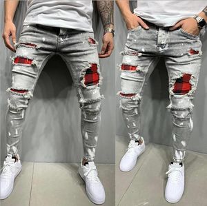 Erkekler Kotlar Erkekler İnce Fit Sıradan Erkek Ekose Ekose Deliği Streç Denim Pantolon Kentsel Homme Orijinal Street Giyim Moda Marka Giysileri