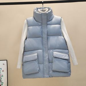 Trench da donna corto lucido Parka gilet spesso caldo giacca invernale da donna casual senza maniche tinta unita colletto alla coreana cappotto giacche femminili