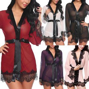 Women's Sleepwear Sexy Lingerie Ladies Lace See-through Robe Deep V-neck Women's Pajamas Mesh Nightdress Erotic 2022