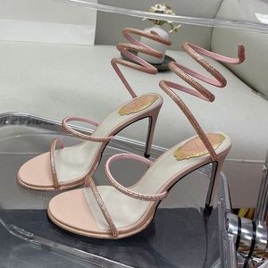 H￤l sandaler kvinnor sko strass skor ankel omslagen h￶g klacka sandal kristallbockad orm lyxdesigners mode rc cleo