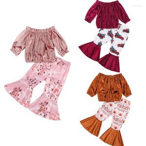 Roupas Conjuntos 2 PCs infantil garotas, roupas sexy de roupas de manga longa de manga longa fora do ombro, as calças de impressão floral queimadas