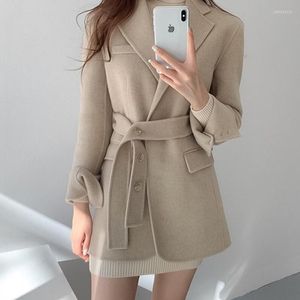 Women's Jackets Korean Chic Autumn Yellow Suit Collar Strap Waist Closing Cardigan Long Sleeve Small Short Wool Coat Fashion 2022 X843