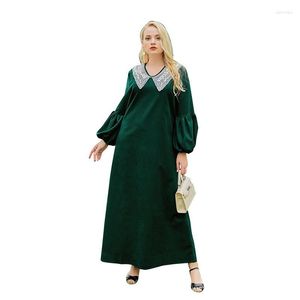 Vestidos casuais Spring e outono Festa da noite feminina Plus Size Long Dress Fashion Polyester Polyster Bubble Cuffs Army Green Lace