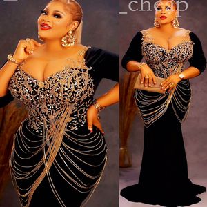 2022 Arabic Aso Ebi Black Mermaid Prom Dresses Lace Beaded Crystals Evening Formal Party Second Reception Birthday Engagement Gowns Dress ZJ211